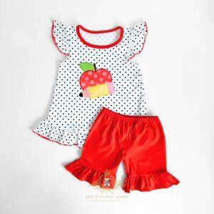 NWT Pretty Girls Top & Shorts Matching Set Embroidered Patchwork Apple School 4T